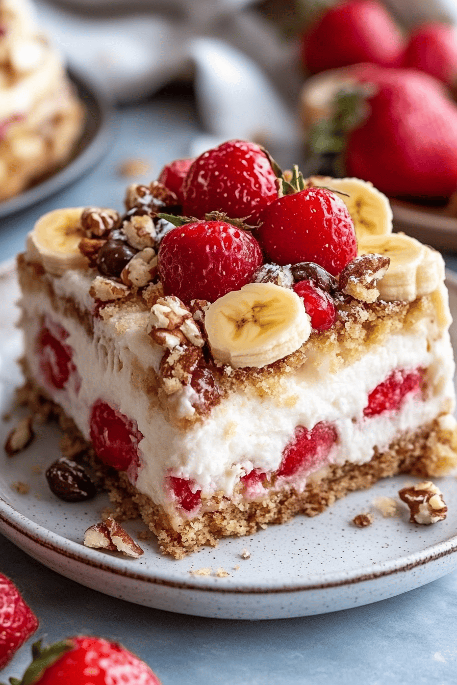 Banana Split Dump Cake slice on plate showing perfect texture and swirl pattern