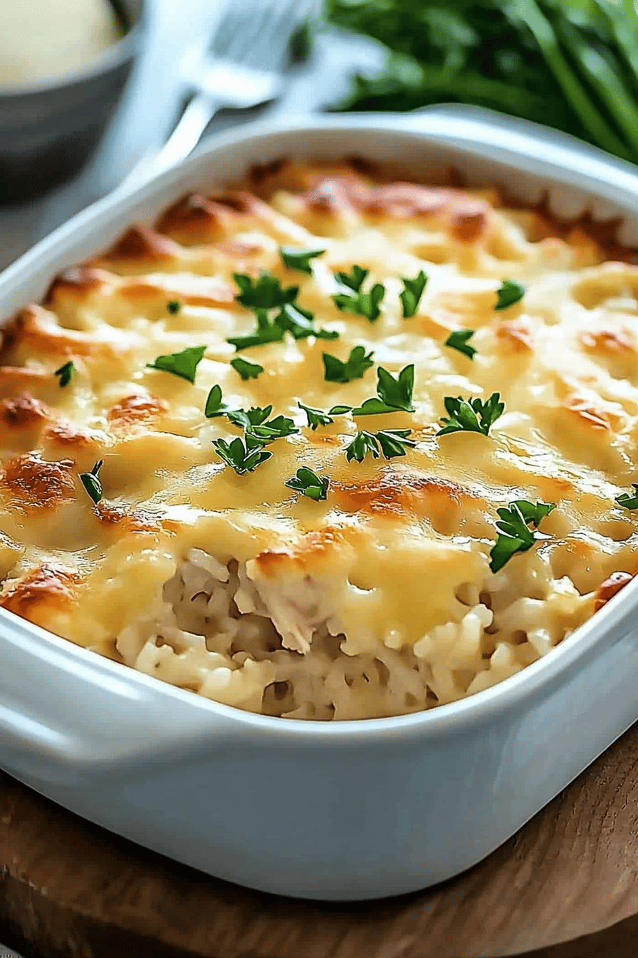 Creamy Chicken Rice Casserole slice on plate showing perfect texture and swirl pattern