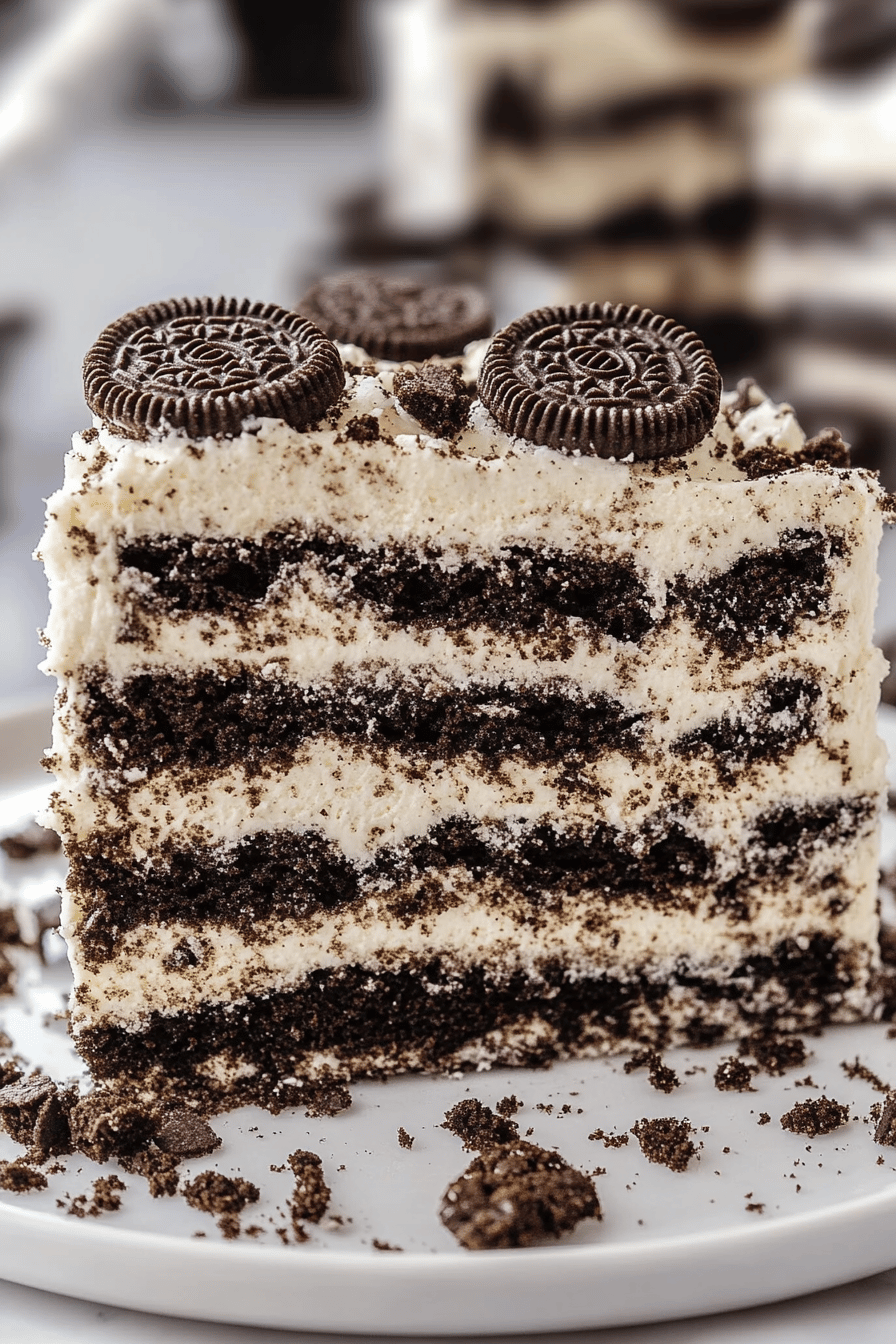 Oreo Icebox Cake slice on plate showing perfect texture and swirl pattern